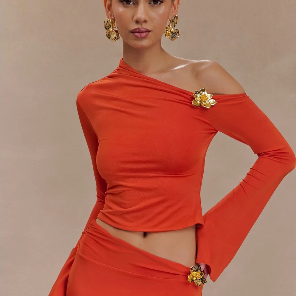 Meshki Orange One-Shoulder Crop Top